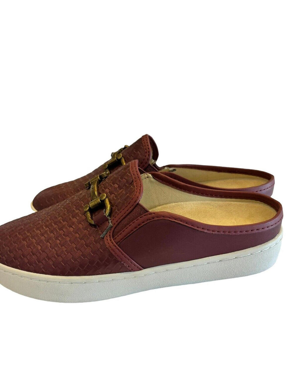 Spenco Women’s Burgundy Leather Mules Size  7 D Slip On Weave Horse Bit Loafer
